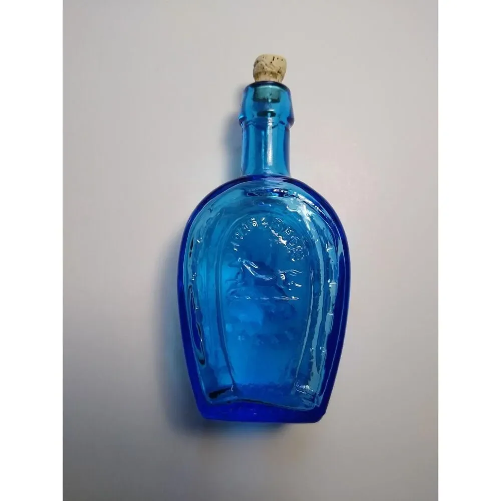 Wheaton Blue Carnival Glass Bottle Horse Shoe Bitters Medicine 1970's Mini 3